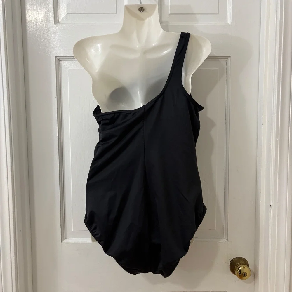 Miraclesuit Jena One Shoulder Swimsuit 10 (est) Black Mesh Slimming Ruched
